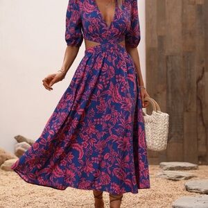 Blue Pink Floral Puff Sleeve Cutout Midi Dress Cottagecore Spring Easter L NWOT